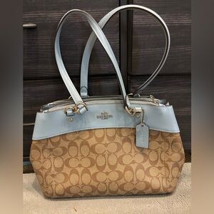 Coach Signature Canvas Shoulder Bag - Tan and Light Blue